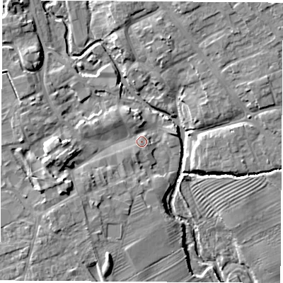 Shaded relief map of the ground around YO71LW, computed from Environment Agency LiDAR. The ground here sits at about 33 m above sea level and falls 12 m across the surrounding 800 m. Surface water reaching this point runs off ground lying to the west, 8.0 m higher.