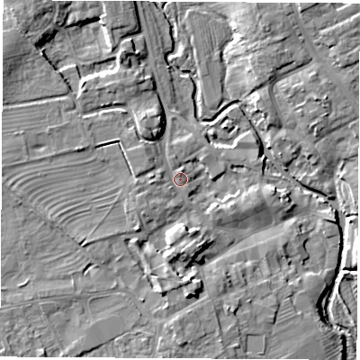 Shaded relief map of the ground around YO71PL, computed from Environment Agency LiDAR. The ground here sits at about 35 m above sea level and falls 11 m across the surrounding 800 m. Surface water reaching this point runs off ground lying to the south-west, 1.8 m higher.