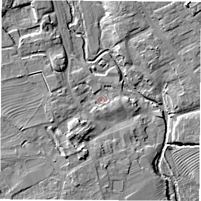 Shaded relief map of the ground around YO71SZ, computed from Environment Agency LiDAR. The ground here sits at about 32 m above sea level and falls 11 m across the surrounding 800 m. Surface water reaching this point runs off ground lying to the south-south-east, 2.6 m higher.