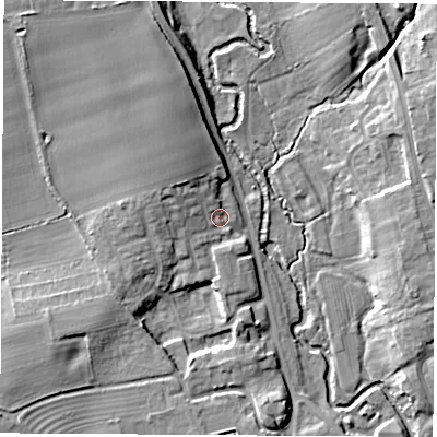 Shaded relief map of the ground around YO71TL, computed from Environment Agency LiDAR. The ground here sits at about 35 m above sea level and falls 13 m across the surrounding 800 m. Surface water reaching this point runs off ground lying to the west-north-west, 4.5 m higher.