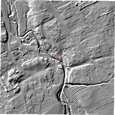 Shaded relief map of the ground around YO71UH, computed from Environment Agency LiDAR. The ground here sits at about 32 m above sea level and falls 11 m across the surrounding 800 m. Surface water reaching this point runs off ground lying to the west-south-west, 10.5 m higher.