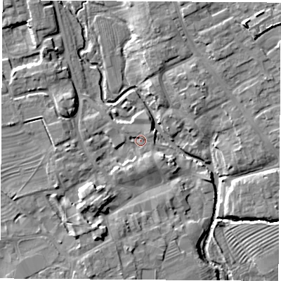 Shaded relief map of the ground around YO71UN, computed from Environment Agency LiDAR. The ground here sits at about 32 m above sea level and falls 11 m across the surrounding 800 m. Surface water reaching this point runs off ground lying to the south-west, 3.3 m higher.