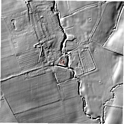 Shaded relief map of the ground around YO72AQ, computed from Environment Agency LiDAR. The ground here sits at about 56 m above sea level and falls 17 m across the surrounding 800 m. Surface water reaching this point runs off ground lying to the south-west, 2.7 m higher.