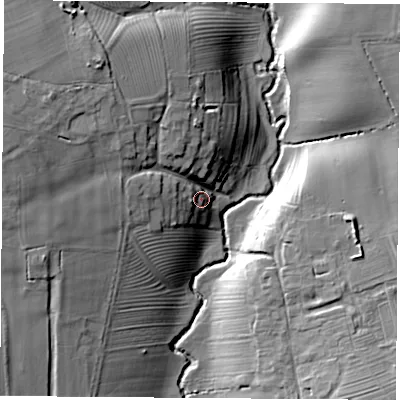 Shaded relief map of the ground around YO72AX, computed from Environment Agency LiDAR. The ground here sits at about 47 m above sea level and falls 25 m across the surrounding 800 m. Surface water reaching this point runs off ground lying to the north-west, 19.1 m higher.