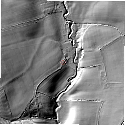 Shaded relief map of the ground around YO72AY, computed from Environment Agency LiDAR. The ground here sits at about 47 m above sea level and falls 21 m across the surrounding 800 m. Surface water reaching this point runs off ground lying to the west, 16.3 m higher.