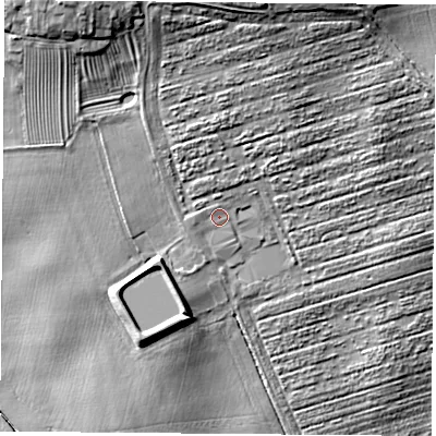 Shaded relief map of the ground around YO72BP, computed from Environment Agency LiDAR. The ground here sits at about 46 m above sea level and falls 24 m across the surrounding 800 m. Surface water reaching this point runs off ground lying to the north-north-west, 7.6 m higher.
