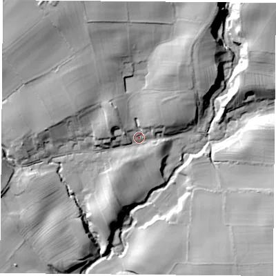Shaded relief map of the ground around YO72DJ, computed from Environment Agency LiDAR. The ground here sits at about 101 m above sea level and falls 37 m across the surrounding 800 m. Surface water reaching this point runs off ground lying to the north-north-west, 22.6 m higher.