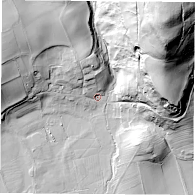 Shaded relief map of the ground around YO72DY, computed from Environment Agency LiDAR. The ground here sits at about 140 m above sea level and falls 104 m across the surrounding 800 m. Surface water reaching this point runs off ground lying to the north, 19.2 m higher.
