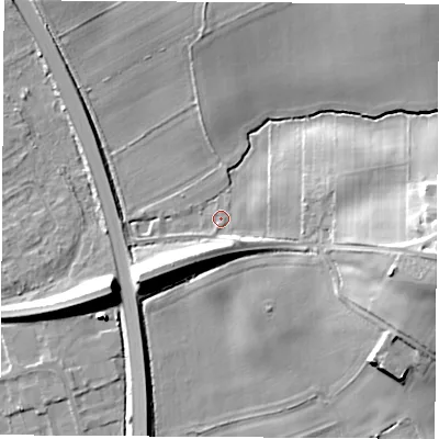 Shaded relief map of the ground around YO72EN, computed from Environment Agency LiDAR. The ground here sits at about 37 m above sea level and falls 21 m across the surrounding 800 m. Surface water reaching this point runs off ground lying to the east, 19.7 m higher.