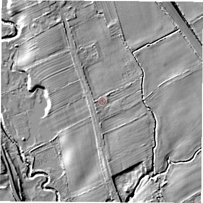 Shaded relief map of the ground around YO72LY, computed from Environment Agency LiDAR. The ground here sits at about 37 m above sea level and falls 10 m across the surrounding 800 m. Surface water reaching this point runs off ground lying to the west, 1.4 m higher.