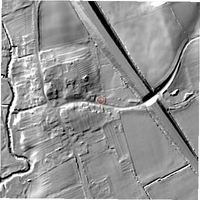 Shaded relief map of the ground around YO72NH, computed from Environment Agency LiDAR. The ground here sits at about 38 m above sea level and falls 16 m across the surrounding 800 m. Surface water reaching this point runs off ground lying to the west-north-west, 6.4 m higher.