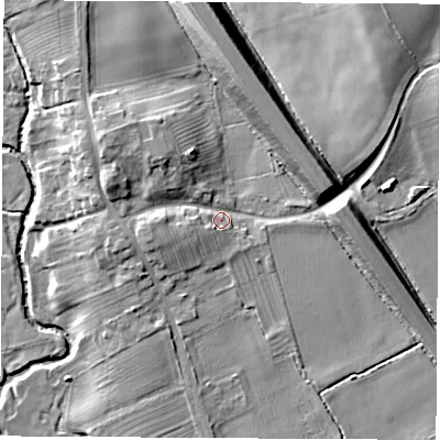 Shaded relief map of the ground around YO72NJ, computed from Environment Agency LiDAR. The ground here sits at about 39 m above sea level and falls 15 m across the surrounding 800 m. Surface water reaching this point runs off ground lying to the south-west, 2.9 m higher.