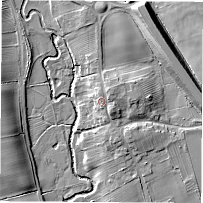 Shaded relief map of the ground around YO72NL, computed from Environment Agency LiDAR. The ground here sits at about 42 m above sea level and falls 14 m across the surrounding 800 m. Surface water reaching this point runs off ground lying to the north-east, 1.9 m higher.