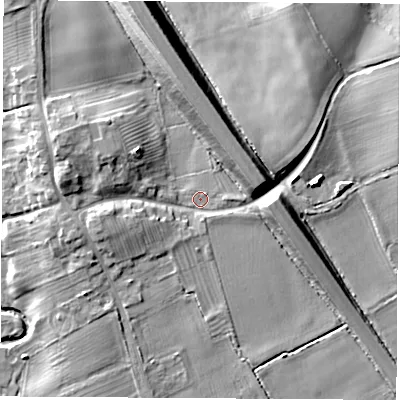 Shaded relief map of the ground around YO72NQ, computed from Environment Agency LiDAR. The ground here sits at about 37 m above sea level and falls 16 m across the surrounding 800 m. Surface water reaching this point runs off ground lying to the west-south-west, 2.9 m higher.
