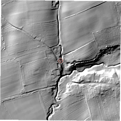 Shaded relief map of the ground around YO72PT, computed from Environment Agency LiDAR. The ground here sits at about 75 m above sea level and falls 28 m across the surrounding 800 m. Surface water reaching this point runs off ground lying to the north-north-east, 20.8 m higher.