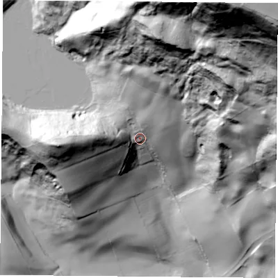 Shaded relief map of the ground around YO72QE, computed from Environment Agency LiDAR. The ground here sits at about 157 m above sea level and falls 190 m across the surrounding 800 m. Surface water reaching this point runs off ground lying to the north-north-east, 78.0 m higher.