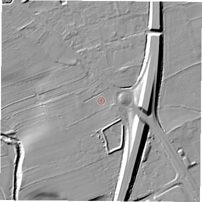 Shaded relief map of the ground around YO73AA, computed from Environment Agency LiDAR. The ground here sits at about 34 m above sea level and falls 15 m across the surrounding 800 m. Surface water reaching this point runs off ground lying to the south-east, 0.9 m higher.