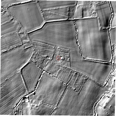 Shaded relief map of the ground around YO73AG, computed from Environment Agency LiDAR. The ground here sits at about 30 m above sea level and falls 6 m across the surrounding 800 m. Surface water reaching this point runs off ground lying to the west-north-west, 1.4 m higher.