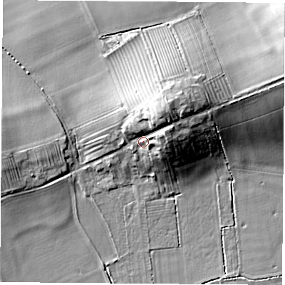 Shaded relief map of the ground around YO73BA, computed from Environment Agency LiDAR. The ground here sits at about 37 m above sea level and falls 18 m across the surrounding 800 m. Surface water reaching this point runs off ground lying to the north-east, 8.9 m higher.