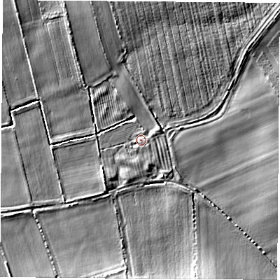 Shaded relief map of the ground around YO73BH, computed from Environment Agency LiDAR. The ground here sits at about 31 m above sea level and falls 6 m across the surrounding 800 m. Surface water reaching this point runs off ground lying to the south-east, 1.1 m higher.