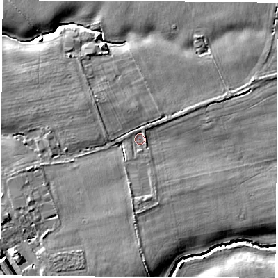 Shaded relief map of the ground around YO73BP, computed from Environment Agency LiDAR. The ground here sits at about 26 m above sea level and falls 7 m across the surrounding 800 m. Surface water reaching this point runs off ground lying to the east-north-east, 2.1 m higher.