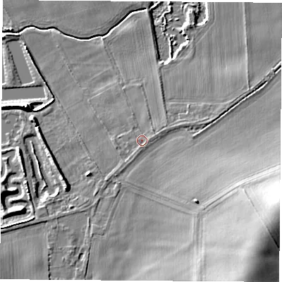 Shaded relief map of the ground around YO73BQ, computed from Environment Agency LiDAR. The ground here sits at about 29 m above sea level and falls 17 m across the surrounding 800 m. Surface water reaching this point runs off ground lying to the east, 0.6 m higher.