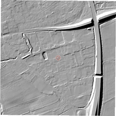 Shaded relief map of the ground around YO73BX, computed from Environment Agency LiDAR. The ground here sits at about 34 m above sea level and falls 16 m across the surrounding 800 m. Surface water reaching this point runs off ground lying to the north-east, 4.4 m higher.