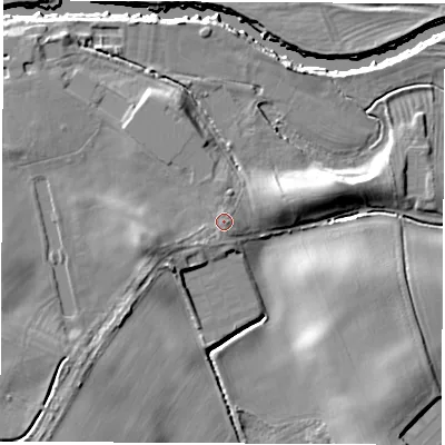 Shaded relief map of the ground around YO73BZ, computed from Environment Agency LiDAR. The ground here sits at about 24 m above sea level and falls 16 m across the surrounding 800 m. Surface water reaching this point runs off ground lying to the south-east, 1.0 m higher.