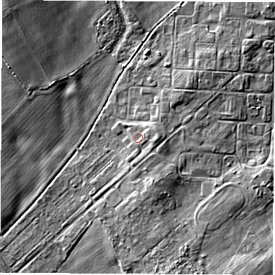 Shaded relief map of the ground around YO73EA, computed from Environment Agency LiDAR. The ground here sits at about 25 m above sea level and falls 6 m across the surrounding 800 m. Surface water reaching this point runs off ground lying to the east, 1.4 m higher.