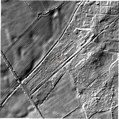 Shaded relief map of the ground around YO73EJ, computed from Environment Agency LiDAR. The ground here sits at about 24 m above sea level and falls 5 m across the surrounding 800 m. Surface water reaching this point runs off ground lying to the east-north-east, 1.7 m higher.