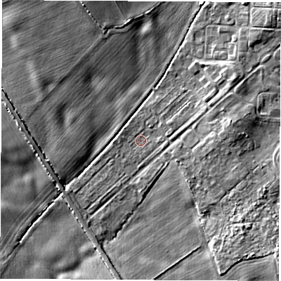 Shaded relief map of the ground around YO73EL, computed from Environment Agency LiDAR. The ground here sits at about 23 m above sea level and falls 5 m across the surrounding 800 m. Surface water reaching this point runs off ground lying to the south-east, 4.6 m higher.