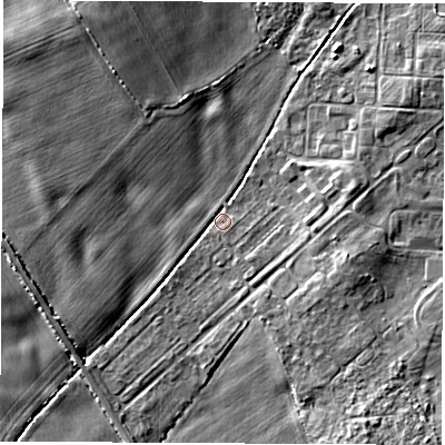Shaded relief map of the ground around YO73EN, computed from Environment Agency LiDAR. The ground here sits at about 24 m above sea level and falls 6 m across the surrounding 800 m. Surface water reaching this point runs off ground lying to the north-west, 5.8 m higher.
