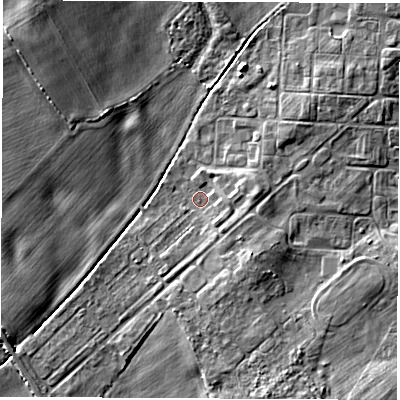 Shaded relief map of the ground around YO73EP, computed from Environment Agency LiDAR. The ground here sits at about 24 m above sea level and falls 6 m across the surrounding 800 m. Surface water reaching this point runs off ground lying to the east, 2.3 m higher.