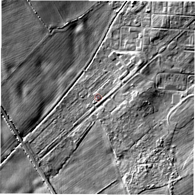 Shaded relief map of the ground around YO73ER, computed from Environment Agency LiDAR. The ground here sits at about 24 m above sea level and falls 5 m across the surrounding 800 m. Surface water reaching this point runs off ground lying to the east-north-east, 1.0 m higher.
