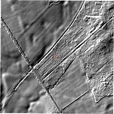 Shaded relief map of the ground around YO73ES, computed from Environment Agency LiDAR. The ground here sits at about 24 m above sea level and falls 5 m across the surrounding 800 m. Surface water reaching this point runs off ground lying to the south-east, 4.2 m higher.