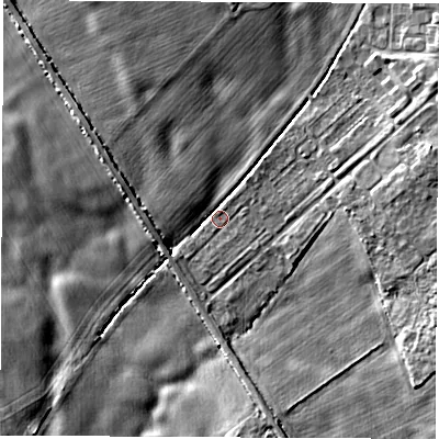 Shaded relief map of the ground around YO73ET, computed from Environment Agency LiDAR. The ground here sits at about 24 m above sea level and falls 5 m across the surrounding 800 m. Surface water reaching this point runs off ground lying to the north-north-west, 4.3 m higher.