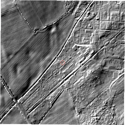 Shaded relief map of the ground around YO73EW, computed from Environment Agency LiDAR. The ground here sits at about 24 m above sea level and falls 6 m across the surrounding 800 m. The ground contributing surface water to this point lies to the south.