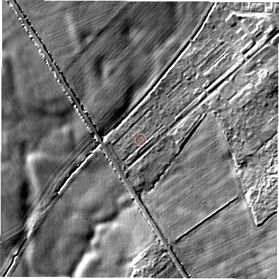 Shaded relief map of the ground around YO73EX, computed from Environment Agency LiDAR. The ground here sits at about 24 m above sea level and falls 5 m across the surrounding 800 m. The ground contributing surface water to this point lies to the north-west.