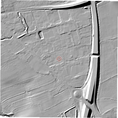 Shaded relief map of the ground around YO73FB, computed from Environment Agency LiDAR. The ground here sits at about 34 m above sea level and falls 17 m across the surrounding 800 m. Surface water reaching this point runs off ground lying to the north-north-east, 4.4 m higher.