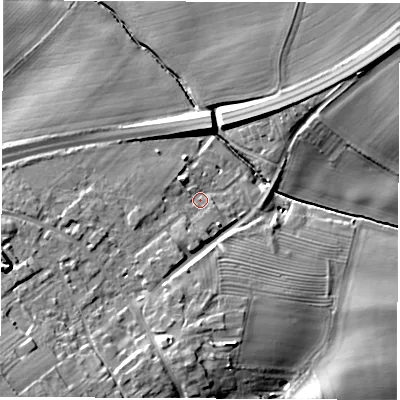 Shaded relief map of the ground around YO73GE, computed from Environment Agency LiDAR. The ground here sits at about 28 m above sea level and falls 17 m across the surrounding 800 m. Surface water reaching this point runs off ground lying to the south-west, 12.1 m higher.