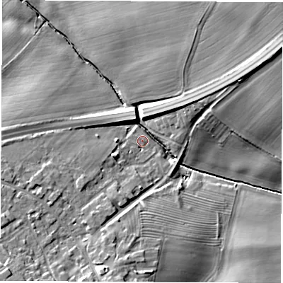 Shaded relief map of the ground around YO73GF, computed from Environment Agency LiDAR. The ground here sits at about 27 m above sea level and falls 15 m across the surrounding 800 m. Surface water reaching this point runs off ground lying to the south-west, 14.1 m higher.