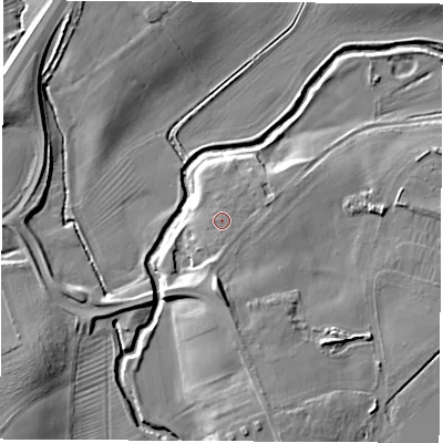 Shaded relief map of the ground around YO73HP, computed from Environment Agency LiDAR. The ground here sits at about 22 m above sea level and falls 11 m across the surrounding 800 m. Surface water reaching this point runs off ground lying to the south-south-east, 0.6 m higher.