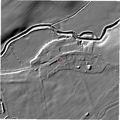 Shaded relief map of the ground around YO73HR, computed from Environment Agency LiDAR. The ground here sits at about 21 m above sea level and falls 9 m across the surrounding 800 m. The ground contributing surface water to this point lies to the east-north-east.