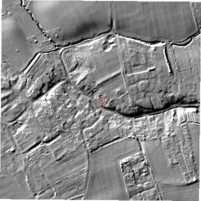 Shaded relief map of the ground around YO73HY, computed from Environment Agency LiDAR. The ground here sits at about 22 m above sea level and falls 11 m across the surrounding 800 m. Surface water reaching this point runs off ground lying to the south-south-east, 9.2 m higher.