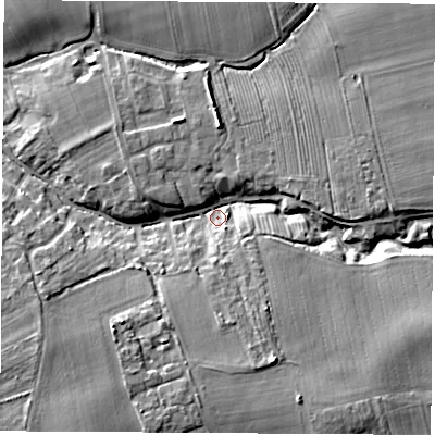 Shaded relief map of the ground around YO73HZ, computed from Environment Agency LiDAR. The ground here sits at about 21 m above sea level and falls 10 m across the surrounding 800 m. Surface water reaching this point runs off ground lying to the south-south-west, 8.3 m higher.