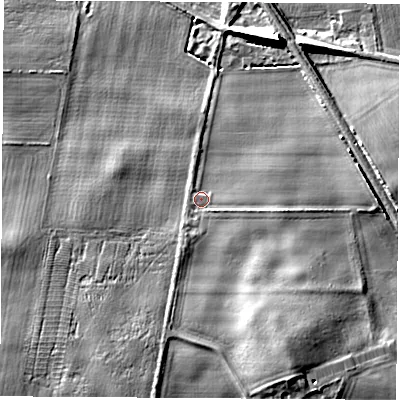 Shaded relief map of the ground around YO73JG, computed from Environment Agency LiDAR. The ground here sits at about 28 m above sea level and falls 9 m across the surrounding 800 m. Surface water reaching this point runs off ground lying to the south-east, 3.7 m higher.