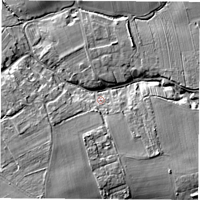Shaded relief map of the ground around YO73JP, computed from Environment Agency LiDAR. The ground here sits at about 22 m above sea level and falls 11 m across the surrounding 800 m. Surface water reaching this point runs off ground lying to the south, 8.2 m higher.