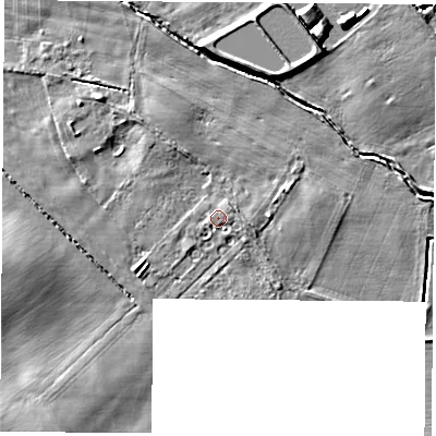 Shaded relief map of the ground around YO73ND, computed from Environment Agency LiDAR. The ground here sits at about 32 m above sea level and falls 8 m across the surrounding 800 m. Surface water reaching this point runs off ground lying to the east-south-east, 0.9 m higher.