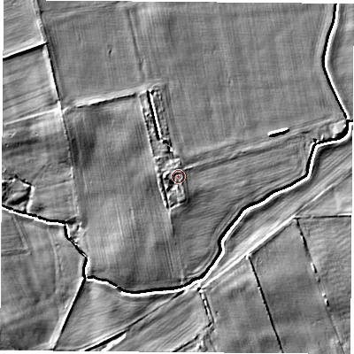 Shaded relief map of the ground around YO73NG, computed from Environment Agency LiDAR. The ground here sits at about 32 m above sea level and falls 6 m across the surrounding 800 m. Surface water reaching this point runs off ground lying to the west, 1.4 m higher.
