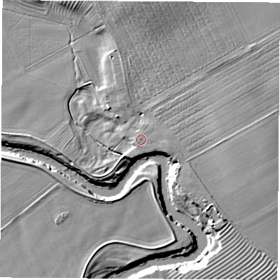 Shaded relief map of the ground around YO73NT, computed from Environment Agency LiDAR. The ground here sits at about 19 m above sea level and falls 12 m across the surrounding 800 m. Surface water reaching this point runs off ground lying to the east-south-east, 1.0 m higher.